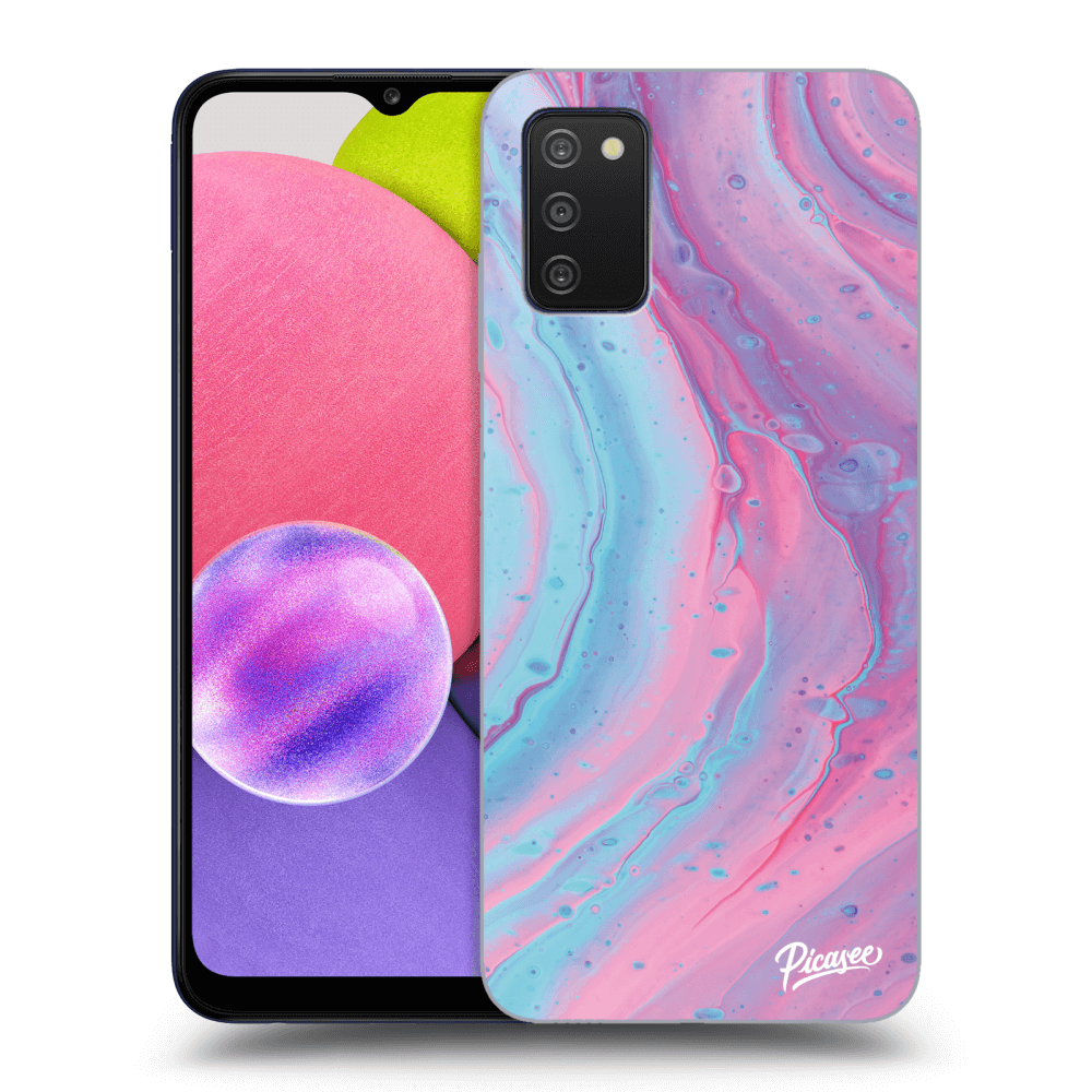 Picasee silikonový průhledný obal pro Samsung Galaxy A03s A037G - Pink liquid