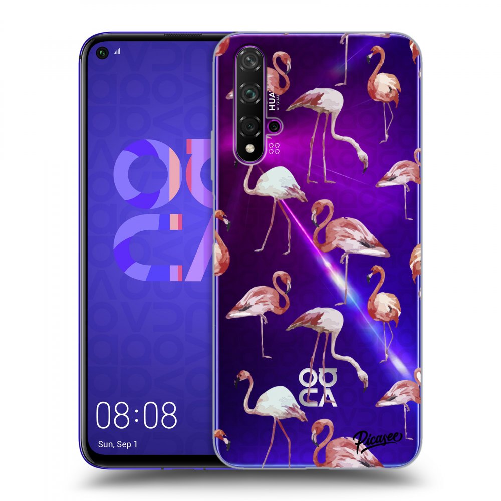 Picasee silikonový průhledný obal pro Huawei Nova 5T - Flamingos