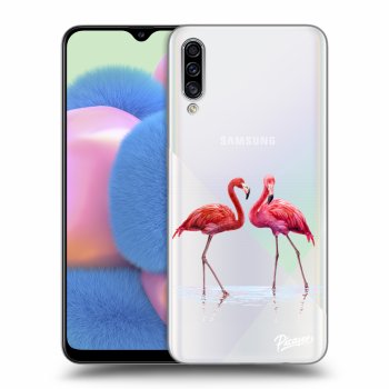 Picasee silikonový průhledný obal pro Samsung Galaxy A30s A307F - Flamingos couple