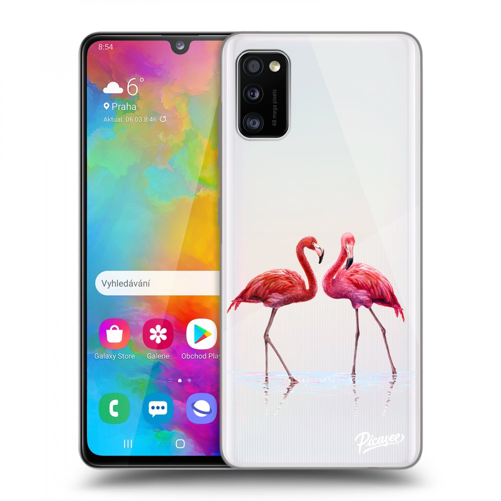 Picasee silikonový průhledný obal pro Samsung Galaxy A41 A415F - Flamingos couple