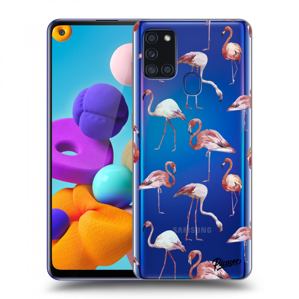 Picasee silikonový průhledný obal pro Samsung Galaxy A21s - Flamingos