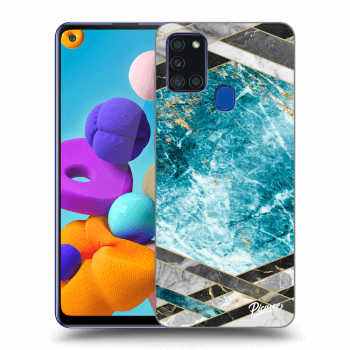 Picasee silikonový průhledný obal pro Samsung Galaxy A21s - Blue geometry