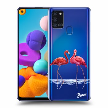 Picasee silikonový průhledný obal pro Samsung Galaxy A21s - Flamingos couple