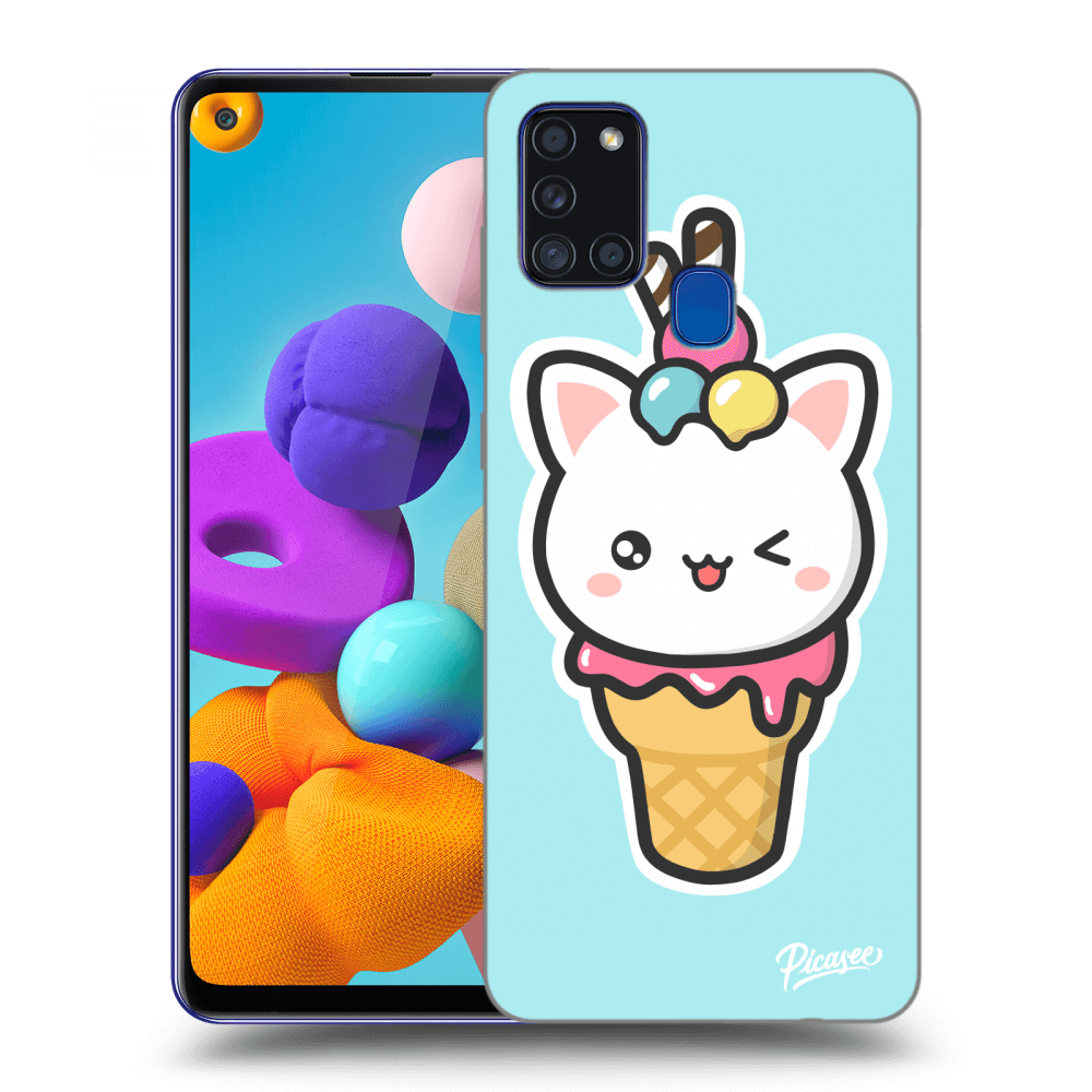 Picasee silikonový černý obal pro Samsung Galaxy A21s - Ice Cream Cat