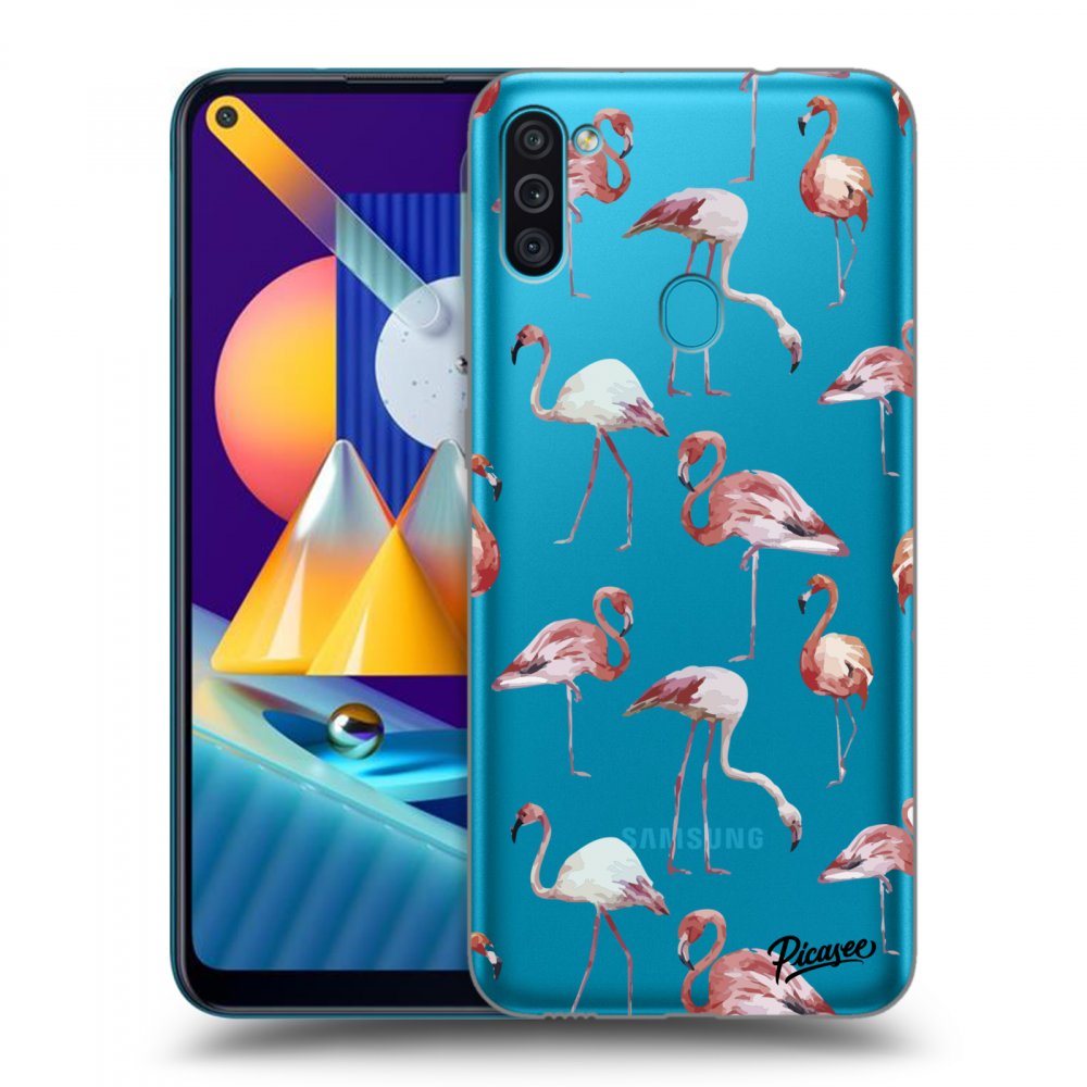 Picasee silikonový průhledný obal pro Samsung Galaxy M11 - Flamingos