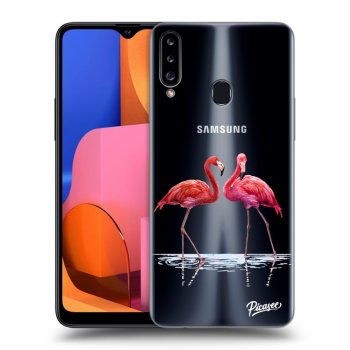 Picasee silikonový průhledný obal pro Samsung Galaxy A20s - Flamingos couple