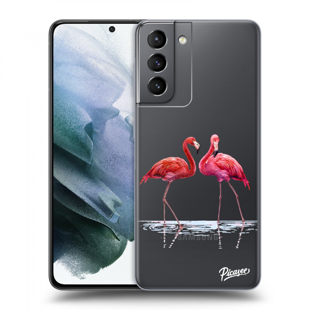 Picasee silikonový průhledný obal pro Samsung Galaxy S21 5G G991B - Flamingos couple