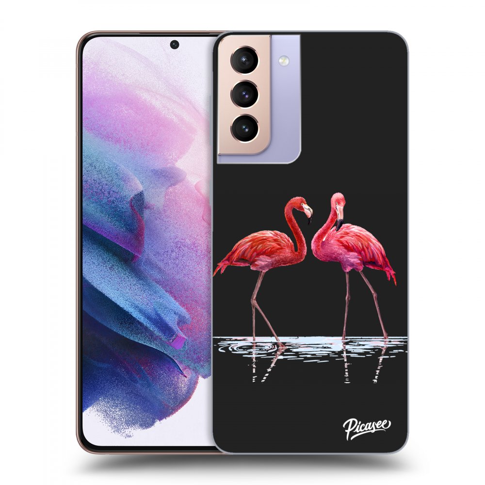 Picasee silikonový černý obal pro Samsung Galaxy S21+ 5G G996F - Flamingos couple