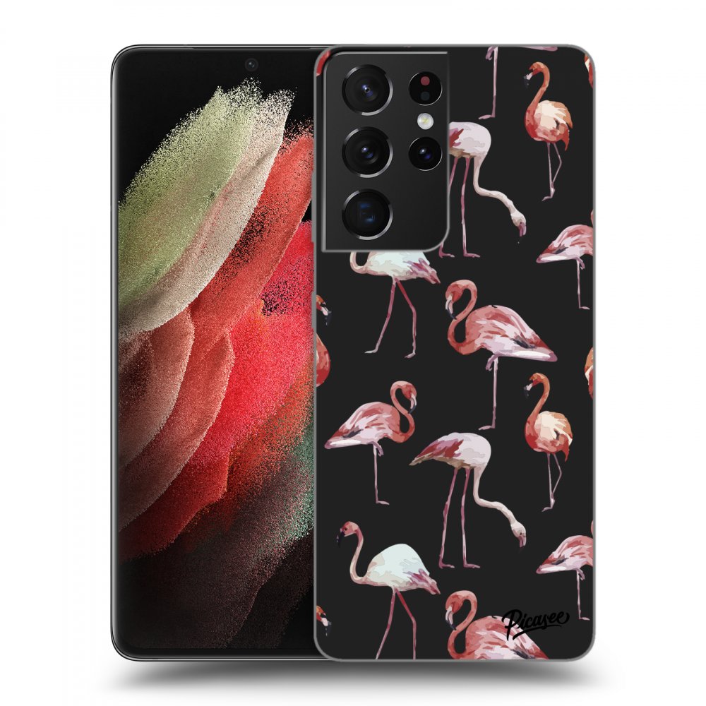 Picasee silikonový černý obal pro Samsung Galaxy S21 Ultra 5G G998B - Flamingos