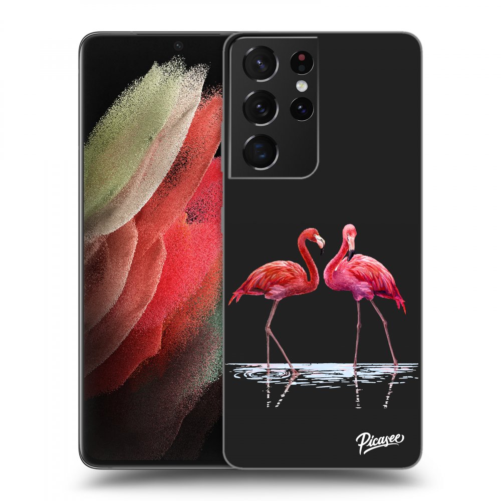 Picasee silikonový černý obal pro Samsung Galaxy S21 Ultra 5G G998B - Flamingos couple