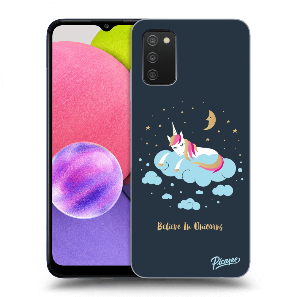 Picasee silikonový černý obal pro Samsung Galaxy A02s A025G - Believe In Unicorns
