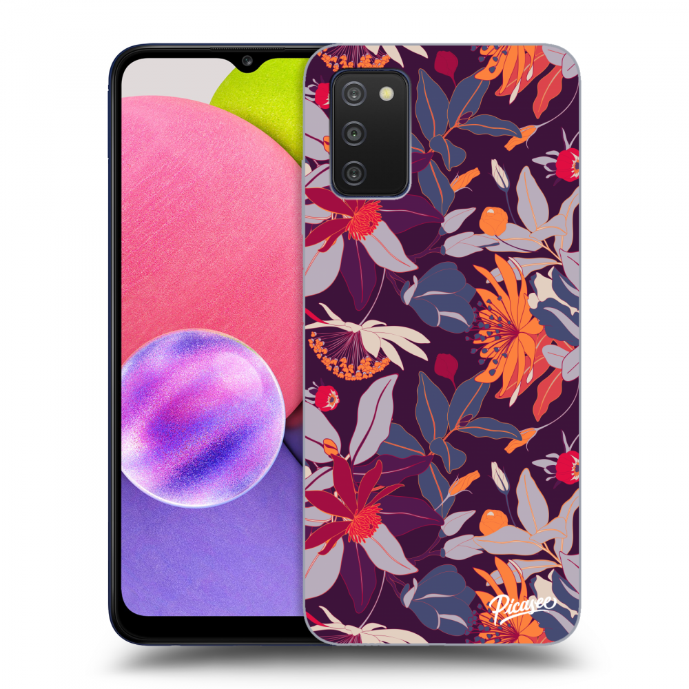 Picasee silikonový průhledný obal pro Samsung Galaxy A03s A037G - Purple Leaf