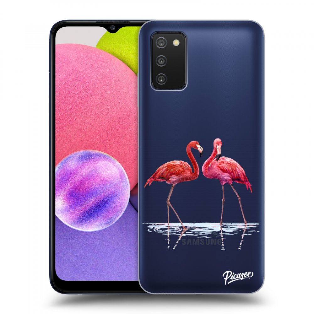 Picasee silikonový průhledný obal pro Samsung Galaxy A03s A037G - Flamingos couple