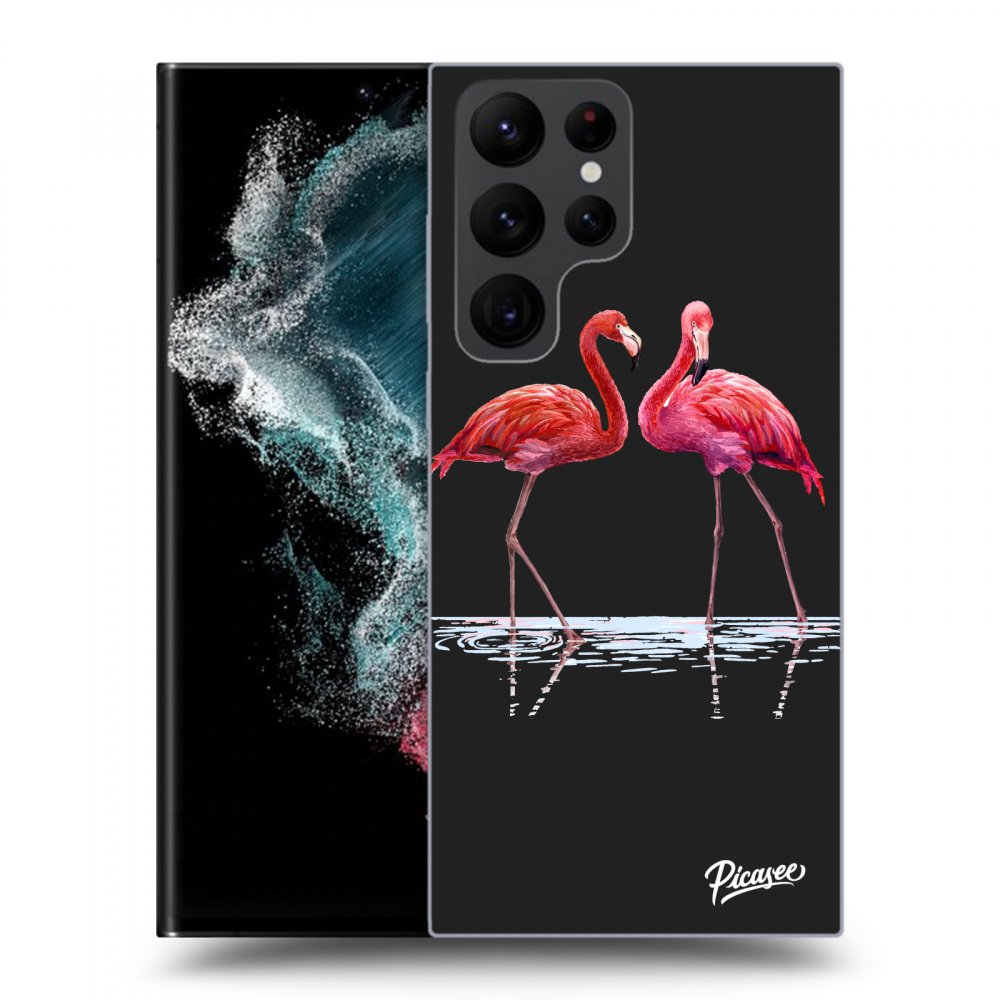 Picasee silikonový černý obal pro Samsung Galaxy S22 Ultra 5G - Flamingos couple