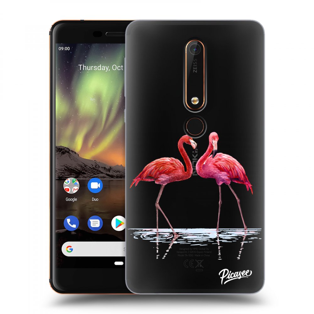 Picasee silikonový průhledný obal pro Nokia 6.1 - Flamingos couple