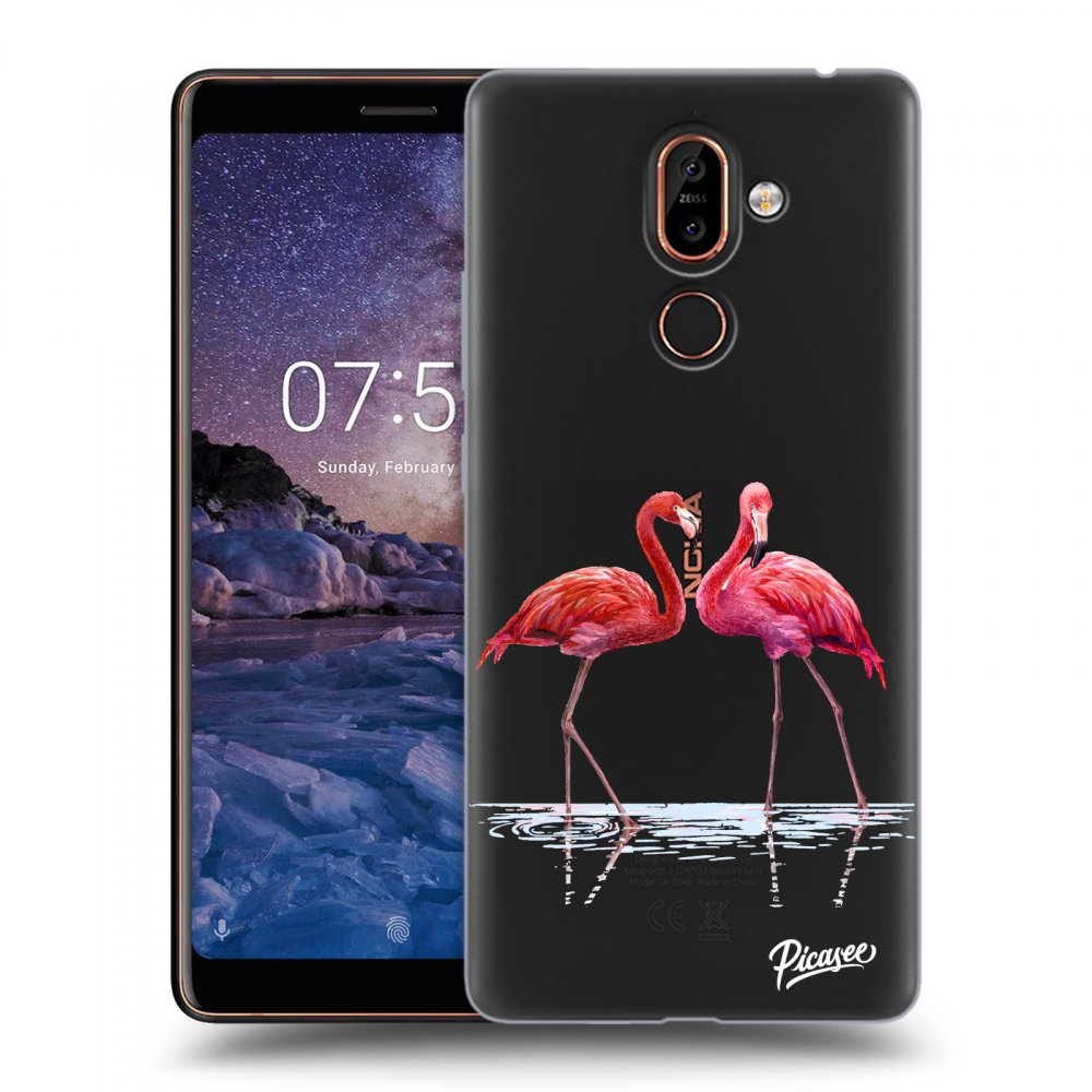 Picasee silikonový průhledný obal pro Nokia 7 Plus - Flamingos couple