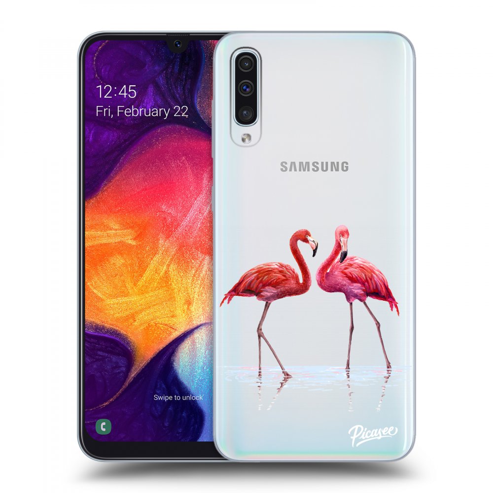 Picasee silikonový průhledný obal pro Samsung Galaxy A50 A505F - Flamingos couple