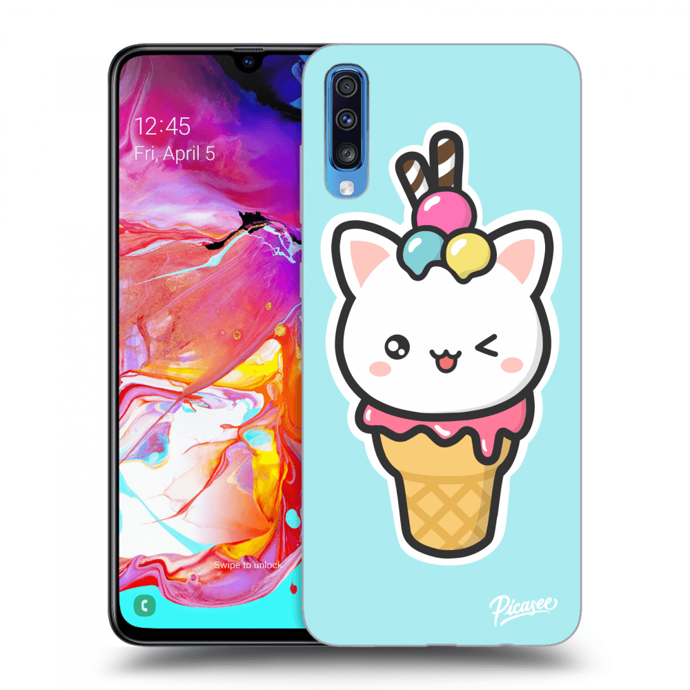 Picasee silikonový průhledný obal pro Samsung Galaxy A70 A705F - Ice Cream Cat