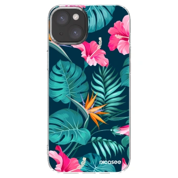 Picasee silikonový průhledný obal pro Apple iPhone 15 Plus - Pink Monstera