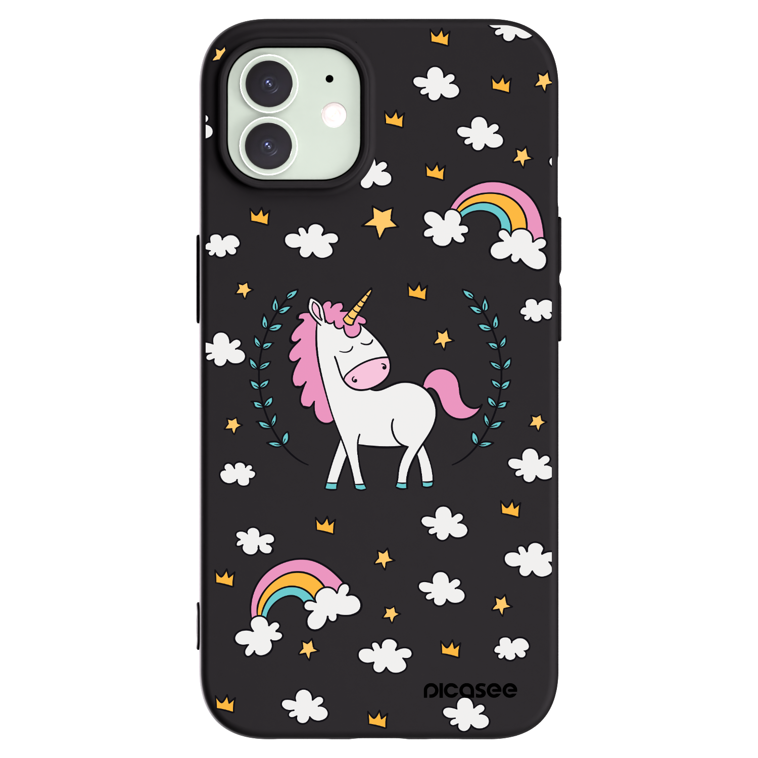 Picasee silikonový černý obal pro Apple iPhone 12 - Unicorn hvězdné nebe