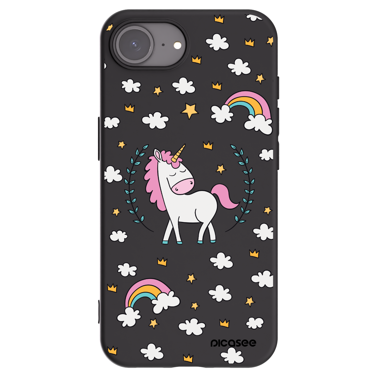 Picasee silikonový černý obal pro Apple iPhone 16e - Unicorn hvězdné nebe